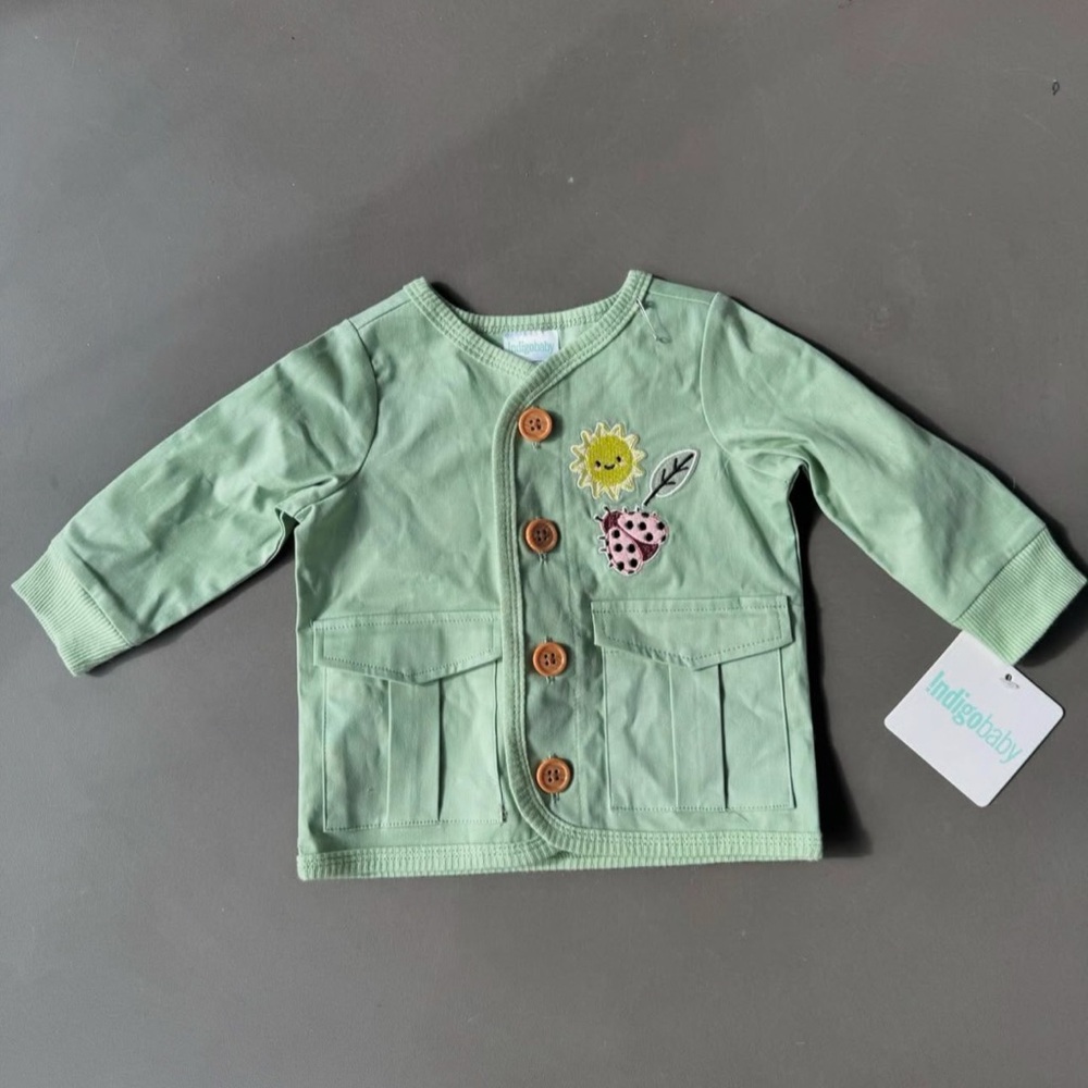 Indigo Green Baby Cardigan with Floral Patches 3-6m
